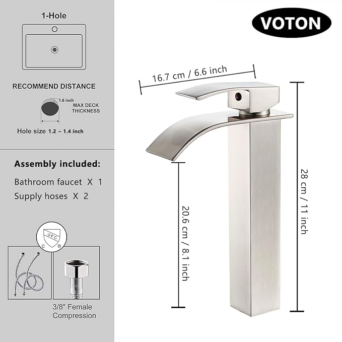 VOTON Vessel Sink Faucet Brushed Nickel Modern Tall Waterfall Bathroom Sink Faucet Single Handle Bathroom Faucet 1 Hole Bowl Lavatory Vanity Faucet, Rv Sink Camper Farmhouse Bathroom Faucet
