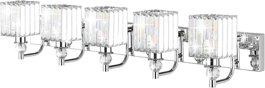 Ralbay Modern Crystal Bathroom Vanity Light 5 Light 40''Chrome Vanity Lighting Over Mirror Bathroom Wall Lighting Fixtures