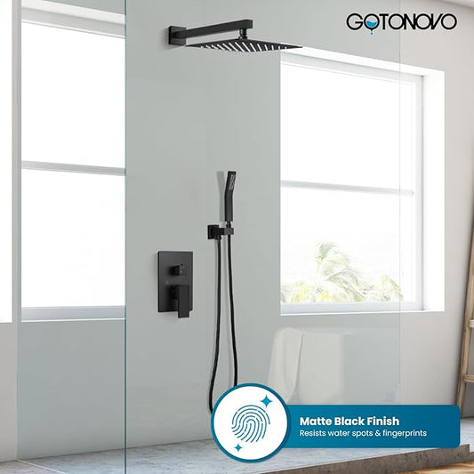 gotonovo Shower Faucet Set with Handheld Spray Matte Black,10'' Head | SUS304 Rainfall Shower Head and Handle Set System Fixture,Pressure Balance Valve Trim Kit,Single Handle,Wall Mount,All Metal