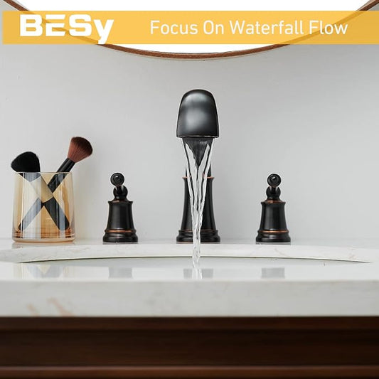 BESy Widespread 8 inch Oil Rubbed Bronze Bathroom Faucet, Two Handles 3 Holes Sink Faucet Waterfall Spout Lavatory Basin Faucets, Vanity Bathroom Sink Faucet with Supply cUPC Lines