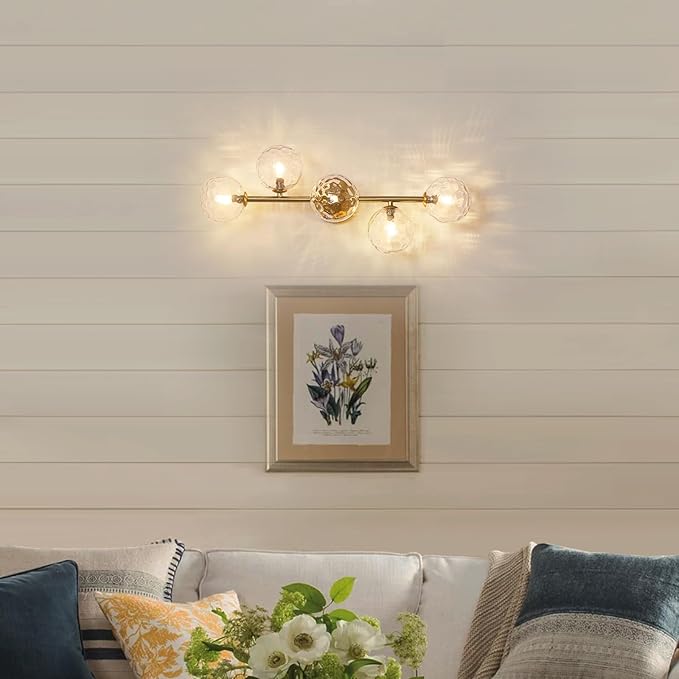Bathroom Vanity Light Fixtures,5 Lights Bath Wall Sconce Lighting | Gold Bathroom Vanity Light with Hammered Clear Glass Shade,Modern Minimalist Brass Wall Sconce Lights Over Mirror for Hallway