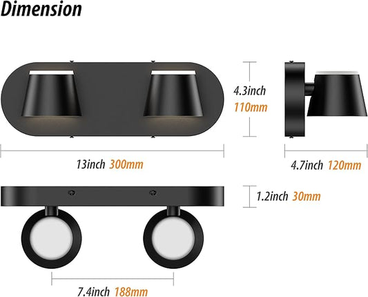 URSOLA 2 Light Bathroom Vanity Light, LED Black Wall Light Fixtures, Up and Down Rotatable Dimmable, 13 inch Bathroom Lighting Fixtures Over Mirror