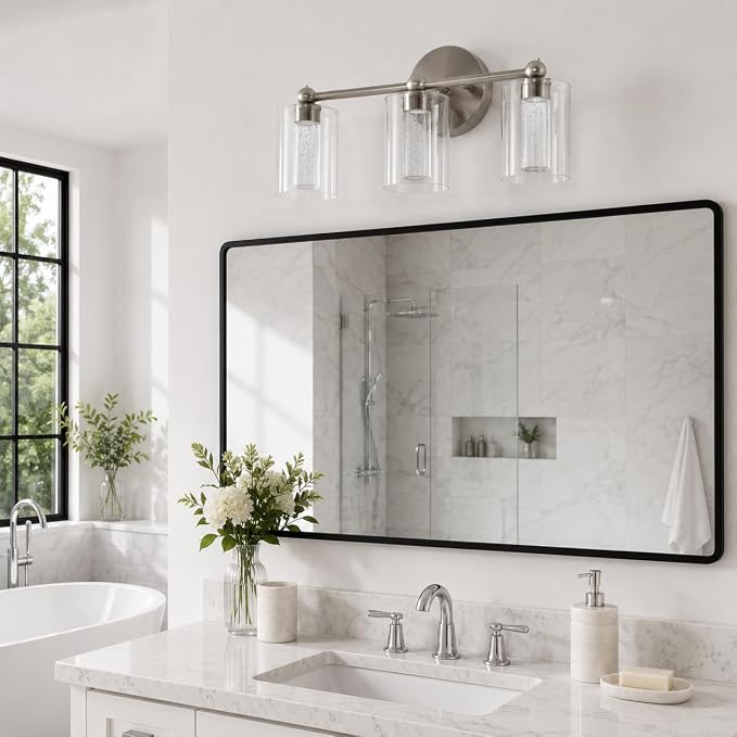 Brushed Nickel Vanity Light with 3 Color Modes, Eye Protection LED Bathroom Light Fixtures, Dimmable Modern Wall Light Over Mirror with Clear Glass Shade (Brushed Nickel, 3-Light)