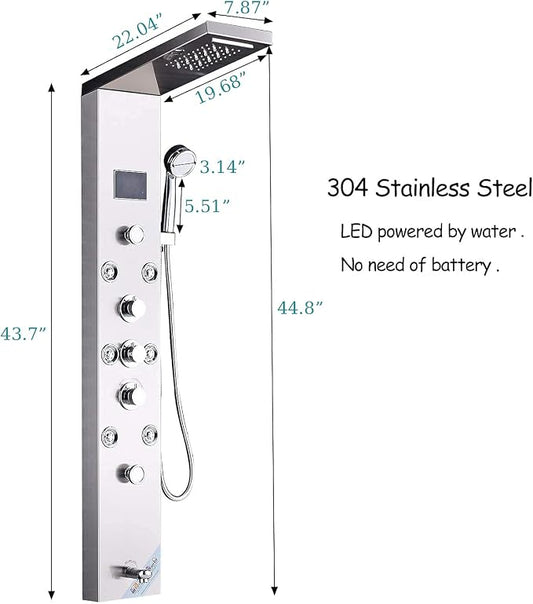 FUZ Contemporary Shower Panel Tower System Stainless Steel 6-Function Faucet LED Rainfall Waterfall Shower Head + Handheld Sprayer + Rain Massage Body Jets + Tub Spout,Brushed Nickel