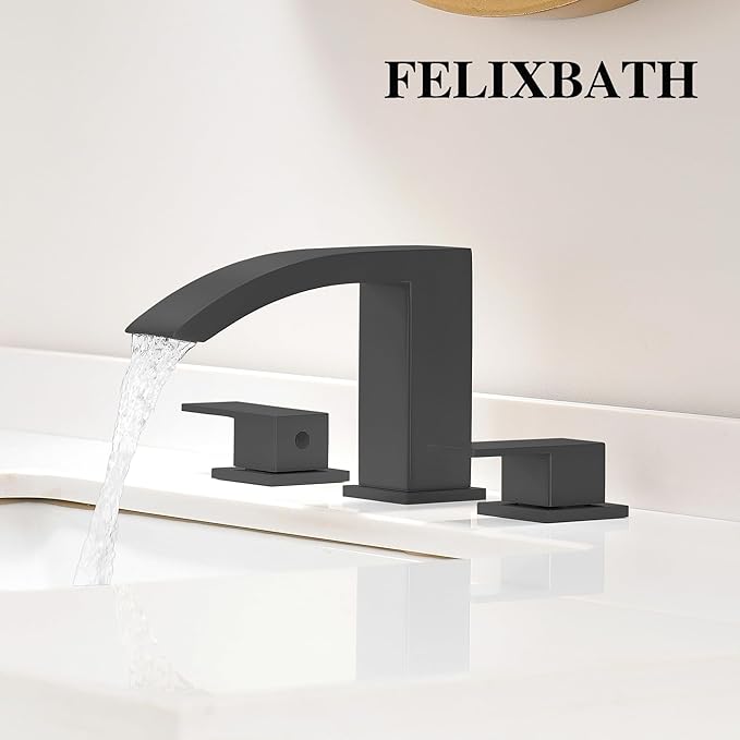 Waterfall Bathroom Sink Faucet, 3 Holes Two Handles Bathroom Faucet with Pop Up Drain and 2 Water Supply Lines, 8 inch Widespread Bathroom Sink Faucet Matte Black