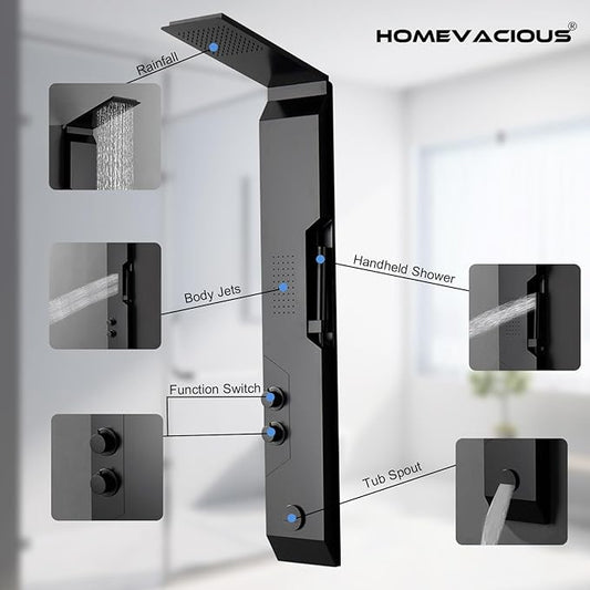 Homevacious 4 IN 1 Stainless Steel Multi-Function Shower Panel Tower System | Rainfall Shower Head Massage Body Jets Handheld Shower and Bath Tub Spout Wall Mounted Bathroom Shower Panel Matte Black