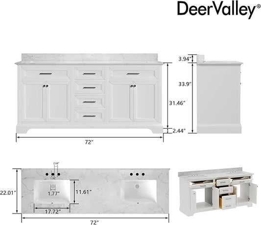 DeerValley 72'' Bathroom Vanity with Double Sink Top, Pre-Assembled Modern Wood Bathroom Cabinet Sink Combo with Backsplash, Soft Closing Doors, Multifunctional Storage Space Vanity (White)