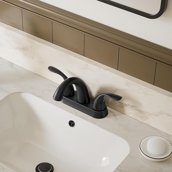Phiestina 4 Inch 2 or 3 Holes 2 Handles Centerset Matte Black Lead-Free Bathroom Sink Faucet, Bathroom Faucet with Copper Pop Up Drain and Water Supply Lines, BF008-5-MB