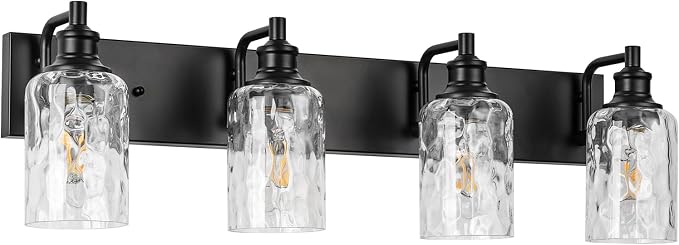 Bathroom Light Fixtures Over Mirror, 4 Lights Vanity Lights with Hammered Glass Shade, 30.8" Matte Black Farmhouse Bathroom Light Fixtures for Bedroom, Porch, Hotel, Mirror Cabinet