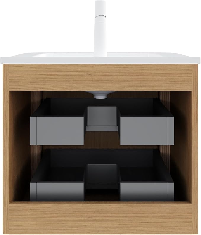 24" Floating Bathroom Vanity with Sink, Wall Mounted Modern Bathroom Cabinet with 2 Soft Close Drawers, Oak & Plywood, Pre-Assembled with Integrated Ceramic Basin – Bruges, Natural Wood