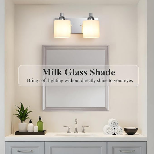 Mecgirn Stainless Steel Milk Glass Vanity Lights for Bathroom, 2 Light Polished Chrome Bathroom Light Fixtures Over Mirror, Ceramic E26 Sockets Wall Mounted