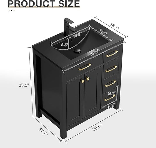 LUCKWIND 30" Modern Bathroom Vanity with Sink, Painted Storage Cabinet with Undermounted Black Sink, Two Doors and Three Drawers, Include Faucet Without Mirror, Black