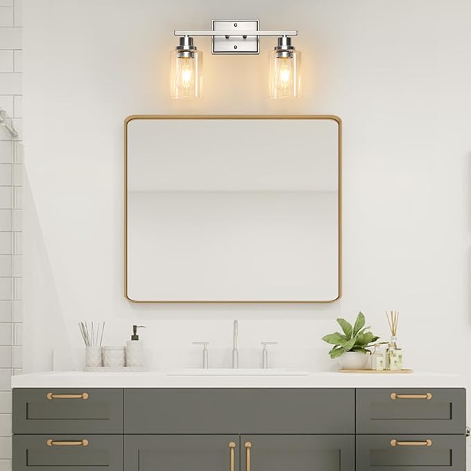 2 Light Bathroom Light Fixtures, Modern Vanity Lights Over Mirror, Brushed Nickel Wall Lamp with Clear Glass for Living Room Cabinet Bedroom Porch