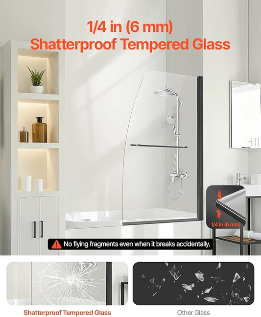 VEVOR Frameless Bathtub Shower Door, 34" W x 55" H, Half Shower Door for Bathtub, Tempered Glass, with 1/4 in Tempered Glass Bathroom Shower Screen, Black