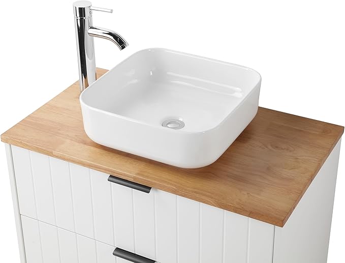 32 inch Bathroom Vanity with Sink and Solid Wood Countertop, Wall Mounted Bathroom Vanity Cabinet with 2 Drawers, Modern Floating Bathoom Vanity Set Include Square Ceramic Basin Sink & Round Mirror