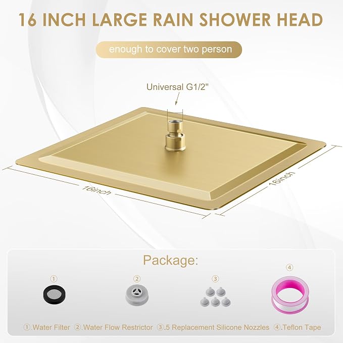 16 inch Brushed Gold Large Rain Shower Head Ceiling Mount - All Metal 304 Stainless Steel, Full Body Rainfall Shower with 324 Silicon Nozzles - Waterfall Bathroom Square Showerhead