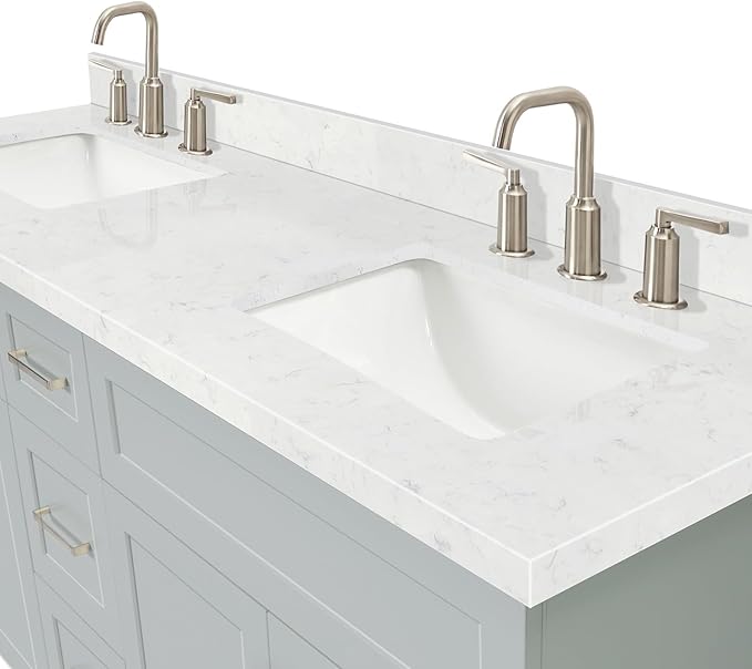 DKB Bradford 72 Inch Bathroom Vanity Double Sink — Grey Bathroom Vanity with Sink, 1.5" Edge Carrara White Countertop & Backsplash, 4 Soft-Close Doors, and 3 Dovetail Drawers