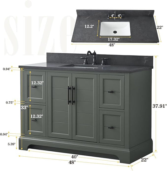 Vanity Art 48 Inch Single Sink Bathroom Vanity with Ceramic Sink and Stone Top | Undermount Rectangular Sink Cabinet Soft Closing Doors, Dovetailed Drawers, No Mirror VA5048-VG