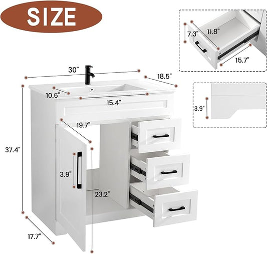 30" Bathroom Vanity with Ceramic Sink Top,1 Soft Closing Doors & 3 Full Extension Drawers with Matte Black Faucet Drain, White