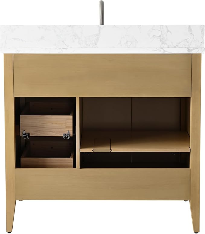 Vanity Art 36 inch Bathroom Vanity with Single Sink & Ceramic Top, Vanity Cabinet with Soft-Closing Door, Solid Wood Frame, Linear Pattern, Natural Oak, Golden Brushed Handware VA9136-NO-GB