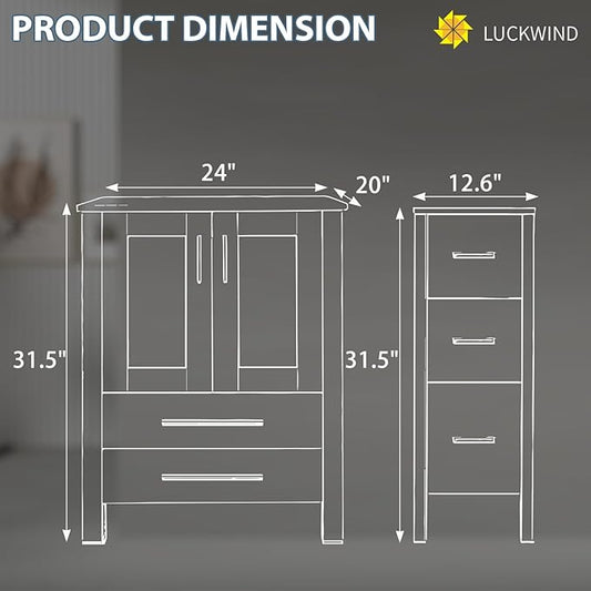 LUCKWIND 36" Bathroom Vanity Combo with Sink, 24"+12.6" Width, Painted Bathroom Storage Cabinet with 5 Drawers Cabinet Without Sink and Mirror, Black