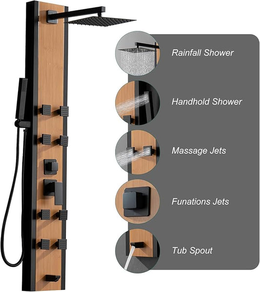 BWE Stainless Steel Shower Panel Tower System 8 Jets Multi-Function Shower Panel System Black and Bamboo Panel with Handheld Wand Wall Mount Shower Column