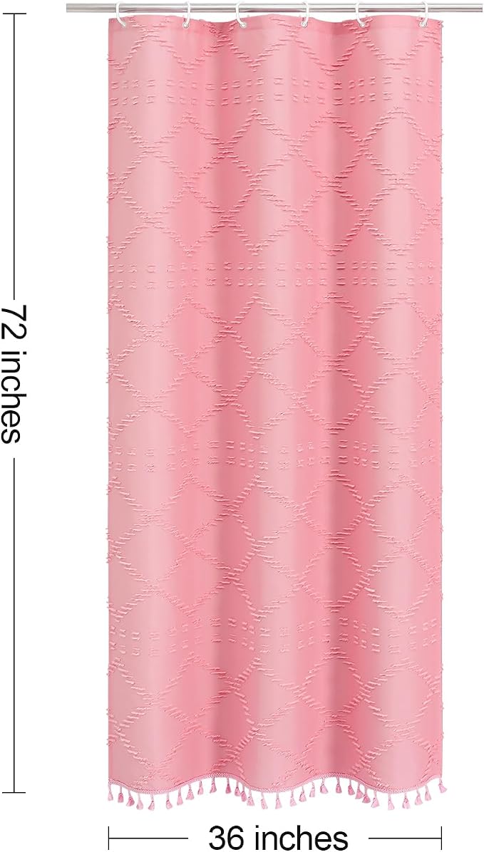 Pink Boho Woven Fabric Shower Curtain with Tassel 36 x 72, Tufted Textured | Modern Farmhouse Curtain for Bathroom, Stall Bathroom Curtain, Minimalist Decor, Waterproof