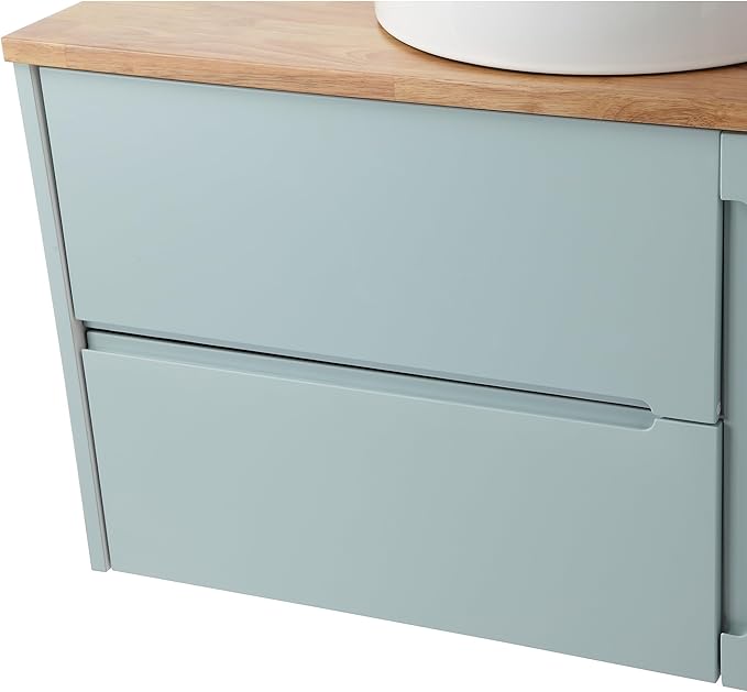 36 inch Bathroom Vanity with Sink and Solid Wood Countertop, Wall Mounted Bathroom Vanity Cabinet with 2 Drawers & 1 Door, Modern Floating Bathoom Vanity Set Include Round Ceramic Basin Sink & Mirror
