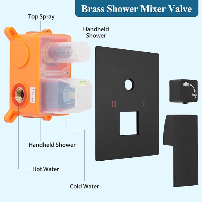 Matte Black Square Shower Head with Handheld Set, Rainfall Shower System Modern Wall Mounted Shower Faucet for Bathroom 10 inch (With Shower Valve)