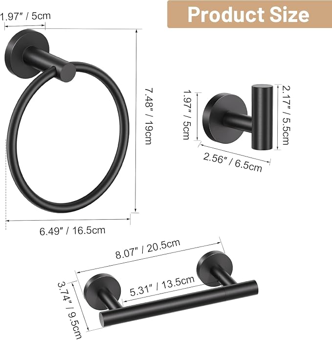 TURS Black 4-Pieces Towel Ring Set Include Towel Ring Double Base Toilet Paper Holder Towel Hook SUS304 Stainless Steel Bathroom Accessories Kit Wall Mounted