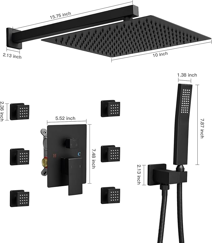 BWE 10 Inch Matte Black Wall Mounted Bathroom Shower System with Body Jets | Brass,Rainfall Shower Head,Handheld Shower Head,Pressure Balance Valve,6 Body Spray Jets,Escutcheon Plate,Easy Installation