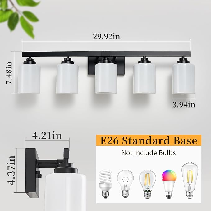 Bathroom Light Fixtures, Vanity Light Over Mirror Black 5-Light Fixture | Modern bathroom vanity light fixture with metal frame, ideal for mirrors, bedrooms and hallways. Fits E26 bulbs.