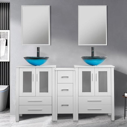UEV 60" Double Sink Bathroom Vanity, White Vanity with Double Side Cabinets & Removable 3 Drawer Storage, Tempered Vessel Sink (A10)