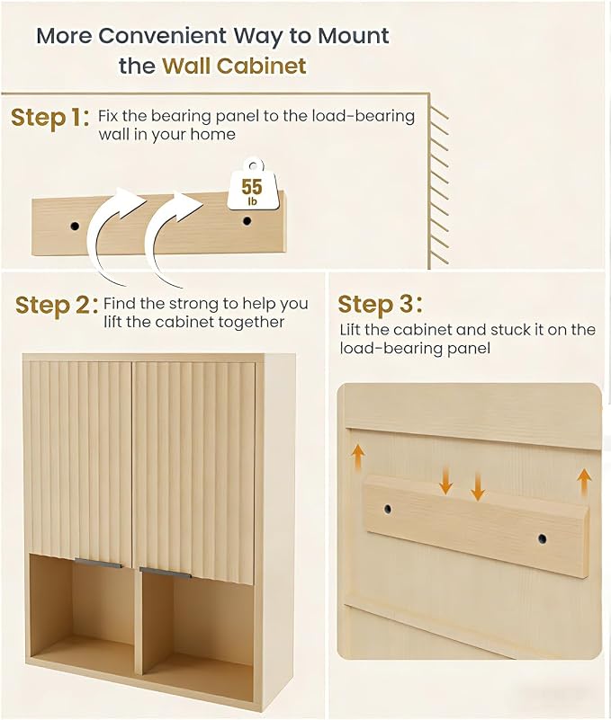 HAIOOU Fluted Bathroom Wall Cabinet with Motion Sensor Light - Natural | Wooden Wall Mount Medicine Cabinet with Fluted Panel Doors, Adjustable Shelf, Soft Close Hinges for Over the Toilet Storage