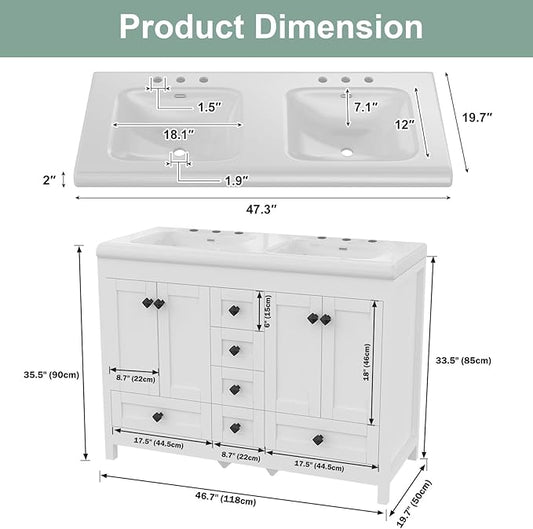 48 Inch Bathroom Vanity with Sink, Bathroom Vanity Cabinet with Doulble Sink, White Bath Vanities with 4 Doors and 6 Drawers (20" D x 48" W x 36" H)