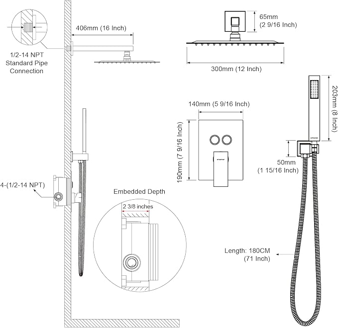 Shower System Shower Faucet Set with Push-Button Diverter and Wall Supply Elbow 12 Inch Shower Head ORB