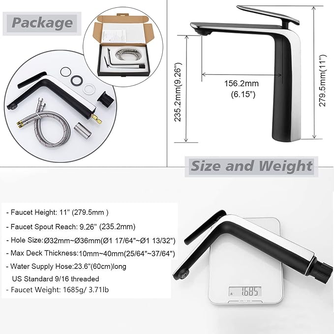 TOCALOCA Matte Black and Chrome Tall Bathroom Mixer Faucets for Vessel Sink | Brass Material, Contemporary 1 Hole One Lever Faucet for Bathroom Bowl Sink, Hot and Cold Water Mixer Tap, Quick Installation