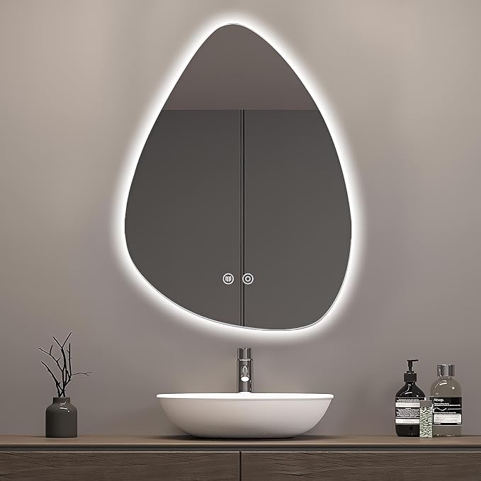 Niccy Irregular LED Bathroom Mirror, Frameless Backlit Wall Mirror, 24"x32" | Asymmetrica Lighted Mirror for Bedroom Living Room, Modern Smart-Mirror with 3 Color Lighting, Anti-Fog, Memory Function