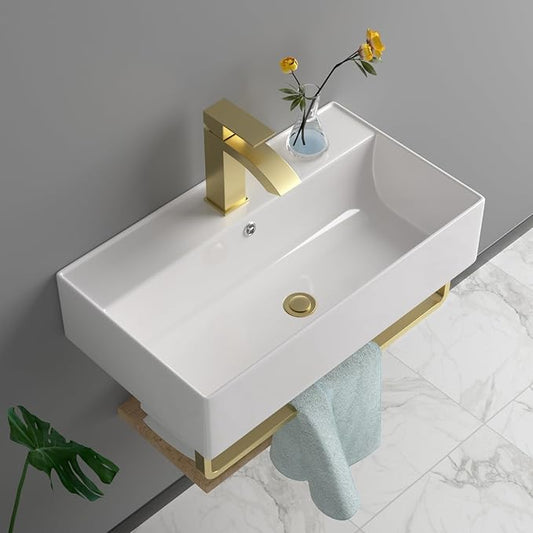 21x12 Inch Wall Mounted Vessel Sink with Gold Faucet and Drain Combo, White Ceramic Rectangle Bathroom Vanity Basin, Modern Floating Lavatory for Small Bathroom