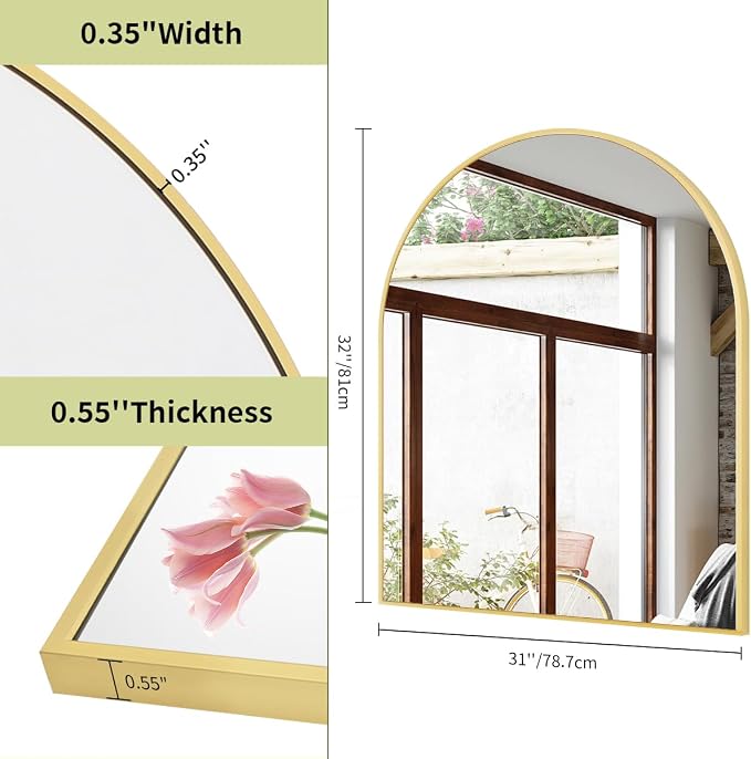 BEAUTYPEAK 31"x32" Arch Bathroom Wall Mirror, Gold | Wall Mounted Vanity Metal Frame Mirror for Bedroom, Entryway, Living Room, Fireplace