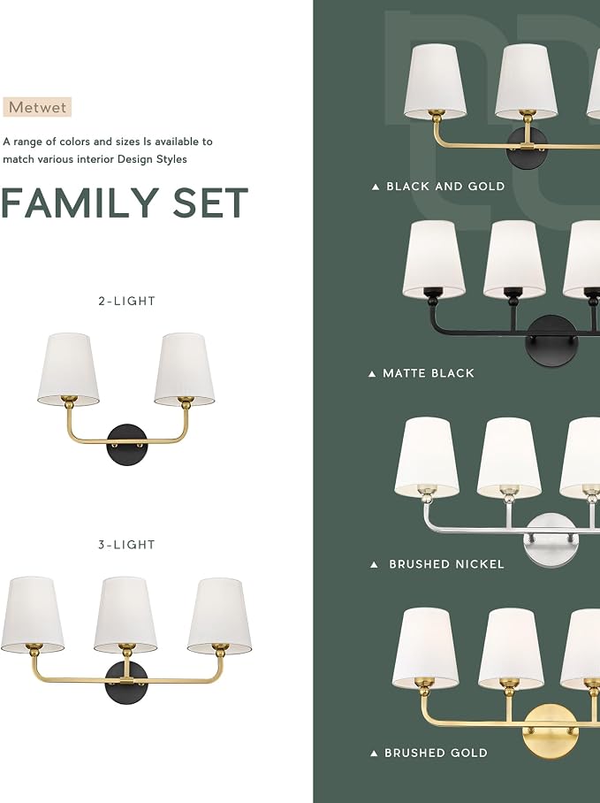 3-Light Black and Gold Bathroom Vanity Light, White Fabric Shades | Ideal for 28-38" mirrors, 24.5" bathroom light fixtures over mirror, upward only, E26 base, bulbs not included, VL837-KG-3