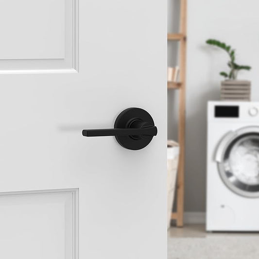 Kwikset Casey Interior Passage Round Door Handle, Lever for Closet and Hallway Doors, Reversible Non-Locking Handle Lever, Matte Black, with Microban Protection