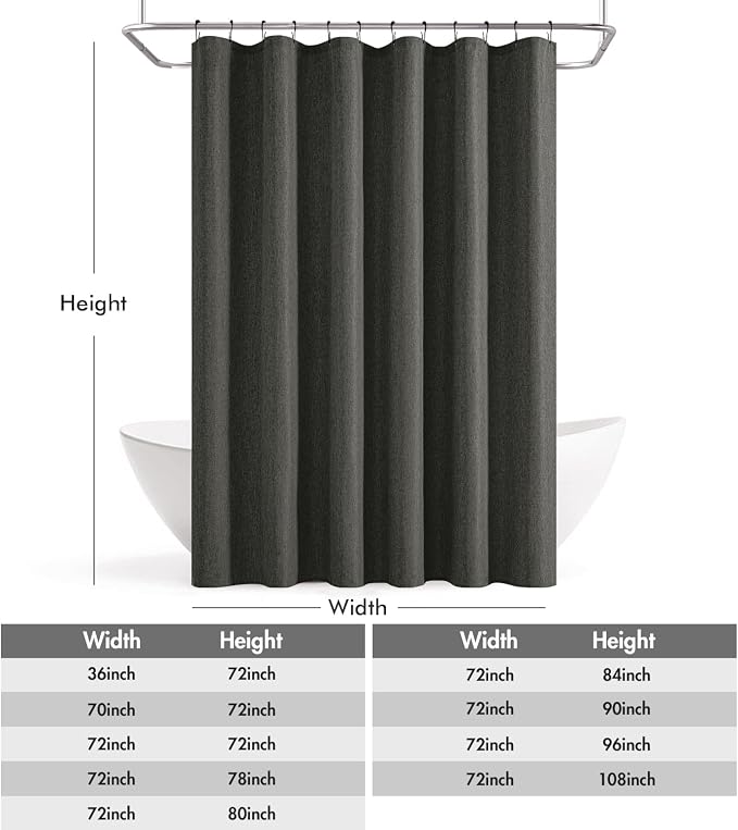 ANRODUO Dark Grey Extra Long Linen Fabric Shower Curtain Set - W72xL108 | Farmhouse Shower Curtain with 12 Metal Hooks, Waterproof Heavy Duty, Button Hole Design, Machine Washable for Bathroom