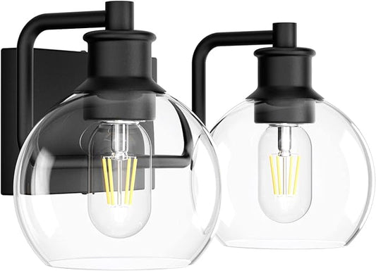 Tipace 2 Lights Industrial Bathroom Vanity Light Fixtures Over Mirror Black Vintage Vanity Lights with Globe Clear Glass Farmhouse Wall Sconces Fixture(Exclude Bulb)