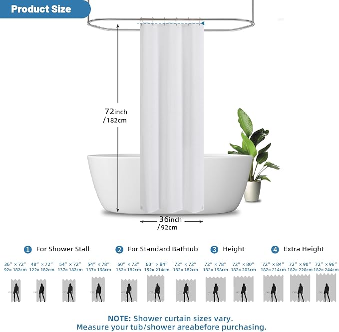 2-in-1 Waterproof Fabric Shower Curtain - No Separate Liner Needed, Hotel-Style Waffle Weave, Effortless Cleaning & Washable Bathroom Shower Curtain Set,36Wx72H,White
