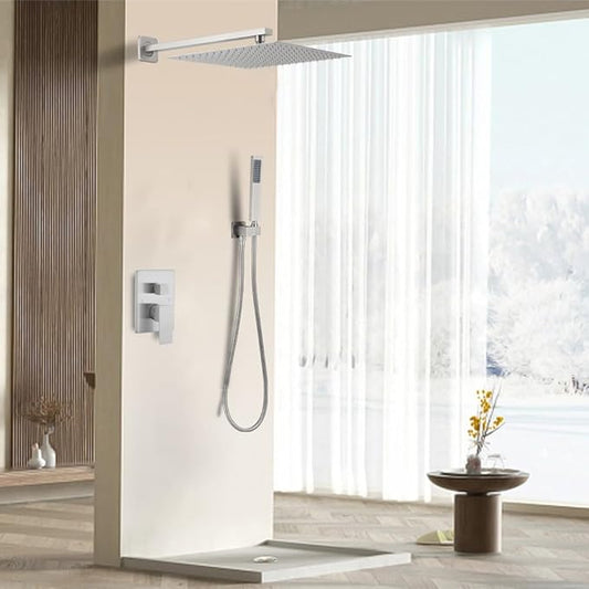 Brushed Nickel Shower System 16 Inch Bathroom Luxury Rain Mixer Shower Combo Set Wall Mounted Rainfall Shower Head and Handheld System Shower Faucet Set Rough-in Valve Body and Trim Kit