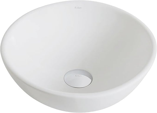 Kraus KCV-341-BN Modern Elavo Ceramic Small Round Vessel Bathroom Sink with Pop Up Drain, Brushed Nickel/White