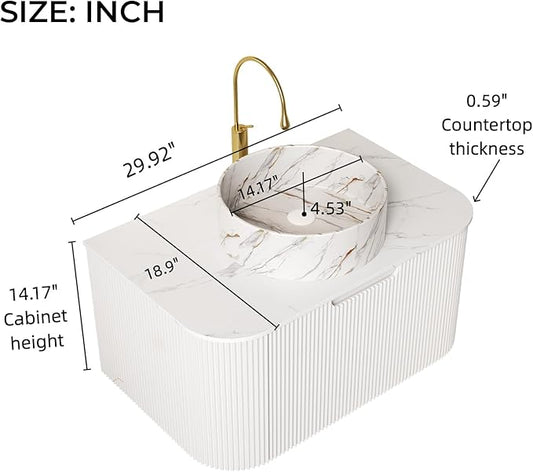 LKTART 30 Inch Floating Bathroom Vanity with Sink, Modern Wall Mounted Bathroom Storage Cabinet with Drawer, Stone Pattern Round White Ceramic Sink Top and Marble Texture Top, White