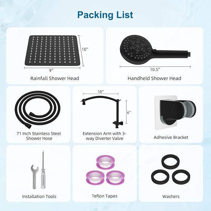 Hibbent All Metal 10" High Pressure Rain Shower Head Combo, Matte Black | cUPC Certified Rainfall Shower Head with handheld 10 Sprays, 16'' Adjustable Extension Arm, 71'' Hose, Showerhead Holder