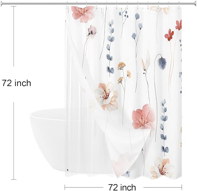3 in 1 Coral Watercolor Floral Shower Curtain Liner Set, 72x72 | 3 in 1 Shower Curtain Set, PEVA Liner& 12 Double Sided Steel Hooks, Waterproof Fabric Bathroom Curtain